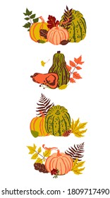 Set of vector fall arrangements with pumpkins and leaves. Autumn compositions for cards and invitations 