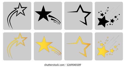 Set of vector falling stars. Icons of meteorites and comets.