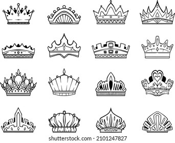 Set of vector fantasy crowns in black and white. Handdrawn designs.