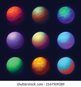 Set of vector fantasy, gaming planet illustrations