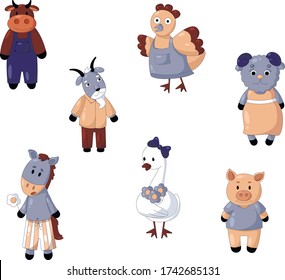 Set of vector farm animals in clothes in one color scheme. Isolated on a white background. Cow, goat, chicken, sheep, horse, goose, pig. For website, postcards.
