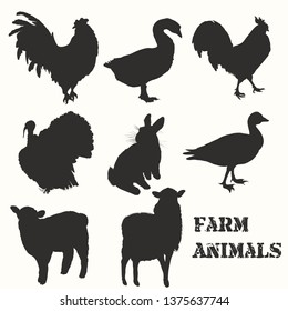 Set of vector farm animals silhouettes for design