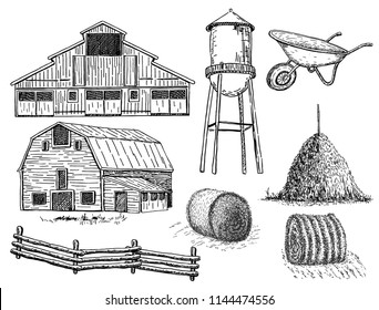 Set Of Vector Farm Elements. Farm Barn Agriculture Set  Elements Village. Vector Illustration.