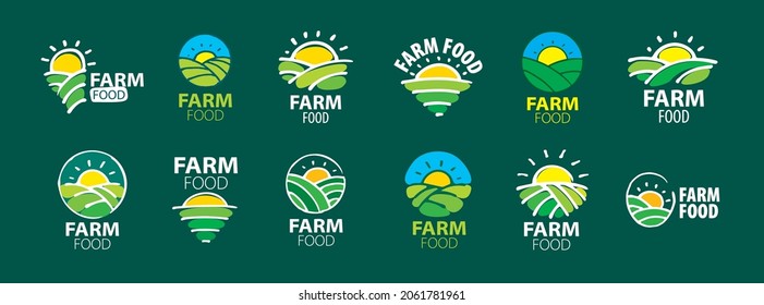 A set of vector Farm food logos on a green background