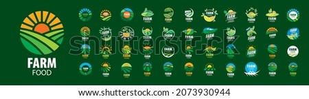 A set of vector Farm Food logos on a green background