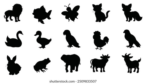 The set of vector farm and forest animals silhouettes. The big collection of wild animals.