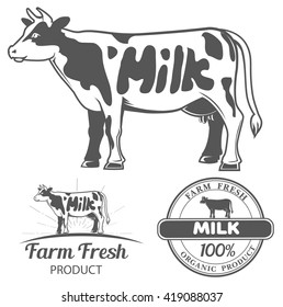 Set of vector farm logo templates with cow and milk for shop poster and label 