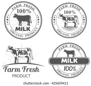 Set of vector farm logo templates with cow and milk for shop poster and label 