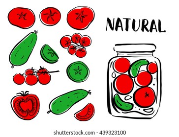 Set vector farm vegetables. Brush hand drawn illustration. Healthy vegetarian food. Natural organic product. Tomato, cucumber.  Jar of pickle. Preserving.