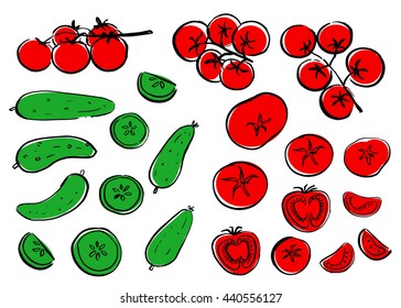 Set vector farm vegetables. Brush hand drawn illustration. Healthy vegetarian food. Natural organic product. Tomato, cucumber.  Slice. Cherry. 