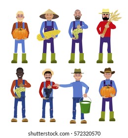 Set of vector farmers with agricultural products for infographics