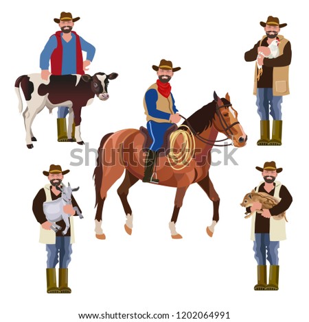 Set of vector farmers with pets: young goby, goat kid, piglet and chicken. Illustration isolated on white background