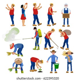 Set of vector farmers in various poses. Vector illustrations.