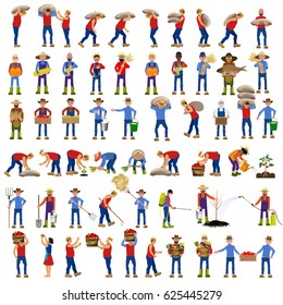 Set of vector farmers in various poses. Vector illustrations.