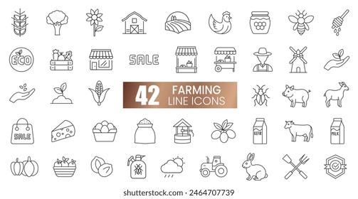 Set of vector of farming icons in line styles. Growing plants, animals, bees, grains, milk, meat, sale, insects, Isolated on a white background. Editable stroke
