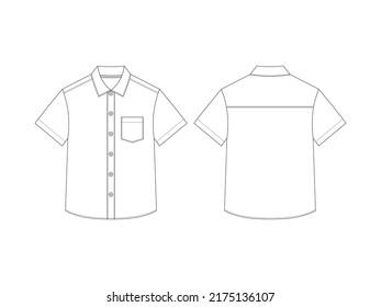 A Set Of Vector Fashion Flats Short-sleeved Flannel Shirt Template, With Turn-down Collar, Classic Front And One Open Chest Pocket.