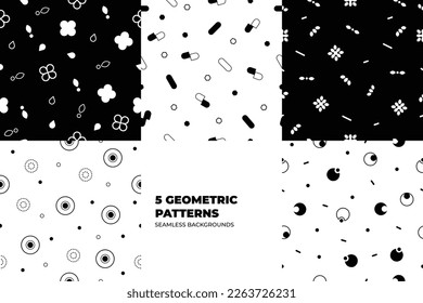 Set of vector fashion geometric seamless patterns. Flat repeated trendy elements in black, white, memphis style. For package, wallpaper, textile, your design. Vector illustration