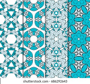 Set of Vector fashion illustration. seamless pattern with geometric flower. for fabric, scrapbook, invitation cards. blue color