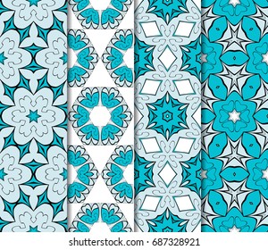 Set of Vector fashion illustration. seamless pattern with geometric flower. for fabric, scrapbook, invitation cards. blue color