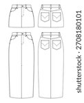 A set of vector fashion technical drawings of two denim skirts with front and back view. Side pockets. Belt loops. Front fly. Back pockets. Metal button and rivets. Woven fabric.