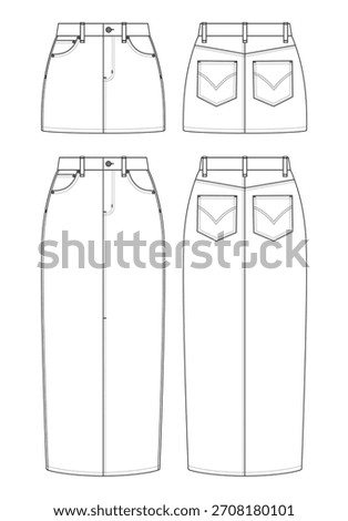A set of vector fashion technical drawings of two denim skirts with front and back view. Side pockets. Belt loops. Front fly. Back pockets. Metal button and rivets. Woven fabric.