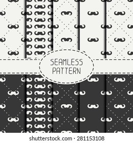 Set of vector fashionable seamless retro pattern with curly vintage hipster gentleman mustache. Wrapping paper. Scrapbook paper. Tiling. Vector illustration. Background. Graphic texture.