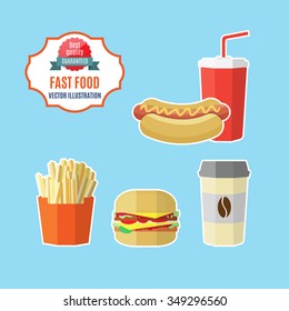 Set of vector fast food and drinks. French fries, hot dog, hamburger, soft drink, hot coffee. Vector illustration.