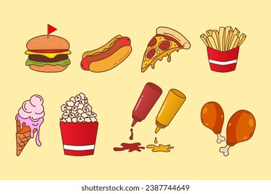 Set vector fast food elements. Pizza slice, burger, french fries,  fried chicken, hot dog, ice cream, popcorn, ketchup and tomato sauce bottle.