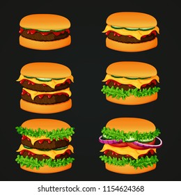 Set of vector fast food icons. Hamburger, cheeseburger, double burger, burger with lettuce, onion, tomato, cucumber and ketchup isolated on a dark background.