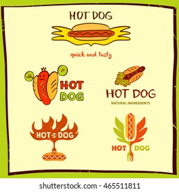 Set of vector fast food vector logo hot dog with natural product. Illustration about quick and tasty food logo for menu bar and cafe.  