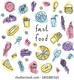 Juego de vectores de comida rápida y dulces dibujados a mano en forma de doodle de color