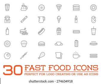 Set of Vector Fastfood Fast Food Elements Icons and Equipment as Illustration can be used as Logo or Icon in premium quality 