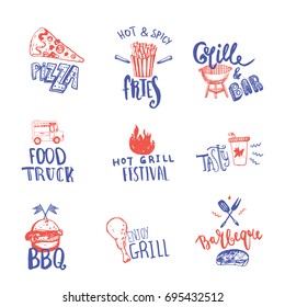 Set of Vector Fastfood hand drawn badges. can be used as Logo or Icon for identity in rough style