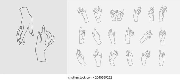 Set of vector female beauty hand. Editable outline stroke size. Line flat contour, thin and linear design. Simple icons. Concept illustration