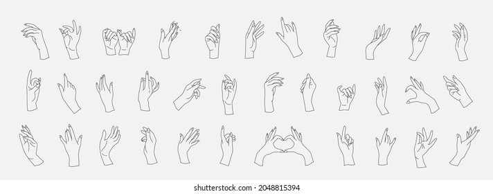 Set of vector female beauty hand. Editable outline stroke size. Line flat contour, thin and linear design. Simple icons. Concept illustration