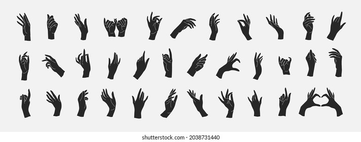 Set of Vector female beauty hands silhouette. Editable outline stroke size. Line flat contour, thin and linear design. Simple icons. Concept illustration.