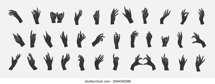 Set of Vector female beauty hands silhouette. Editable outline stroke size. Line flat contour, thin and linear design. Simple icons. Concept illustration.