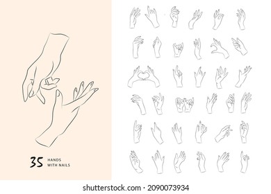 Set of Vector female beauty hands silhouette. Editable outline stroke size. Line flat contour, thin and linear design. Simple icons. Concept illustration.