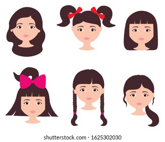 
Set of vector female heads with different hairstyle haircuts braids bow girl character