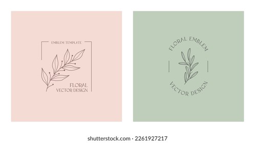 Set of vector feminine floral emblems. Elegant  logo designs with linear branches and frame.Modern botanical badges in trendy minimalist style.Branding design templates.