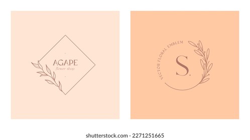 Set of vector feminine floral emblems.Elegant logo designs with linear branches and frame.Modern botanical badges in trendy minimalist style.Branding design templates.Letters with Agape means love