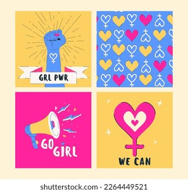 Set of vector feminist illustrations.Girl power,seamless pattern with hearts and female symbol,you go girl,we can. Flat design.Background for a poster, t-shirt or banner