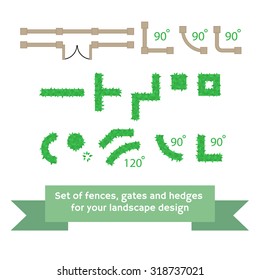 Set of vector fences and hedges. Collection for landscaping, top view, plan.