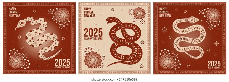 Set of vector festive cards with snake with traditional ornament, lanterns and lotus for lunar chinese new year celebration. Happy new year lunar in China square cards.