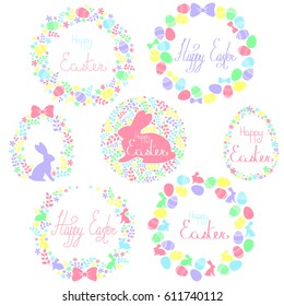 A set of vector festive Easter wreaths and round elements in a delicate pastel palette, consisting of decorated eggs, silhouettes of Easter bunnies, plant elements and bows.