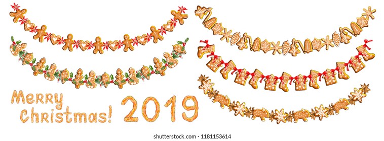 Set of vector festive garlands with gingerbreads isolated on white background. The pig symbol of the new 2019 year. Baking text "Merry Christmas, 2019". For design, announcements, postcards, posters