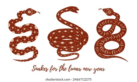 Set of vector festive snakes with geometric ornament for lunar chinese new year celebration. Happy new year lunar in China