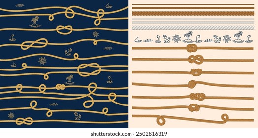 Set of vector fiber ropes straight and tied up. Colored jute or hemp twisted cords with loops. Collection of decorative elements with brown packthread. Rope vector illustration.