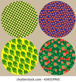 Set vector figure of four colorful decorative circles with flowers, leaves, lemons, as well as in small checkered on pastel background for decoration and design