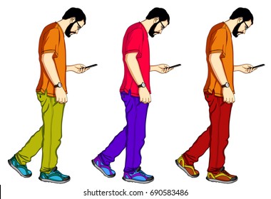 A set of vector figures of a man walking and looking in a mobile phone. Handsome guy in a T-shirt and jeans with mobile smartphone in hands. Looking in screen of mobile cell